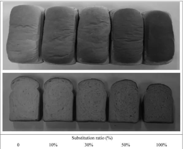 Fig.  1.  Surface  and  internal  appearance  of  white  pan  breads  made  from  domestic  wheat  flour  with  different  levels  of  Daebong persimmon  puree  substituted  for  water