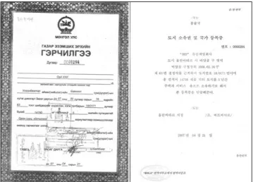 표 7. 몽골의 토지권리 비교 구분 소유권 임차권 사용권 발급대상 몽골국민,  국가 몽골국민 ,  국가, 공공기관,  단체 몽골국민 ,  국가, 공공기관,  단체, 외국인 ,  외국투자법인 법률행위 양도, 저당,  매매 권리부여 기관의 재량에 따라 제 3자에 대한 양도 및 저당 가능 모든 법률(재산권 행사) 행위 불가그림 7