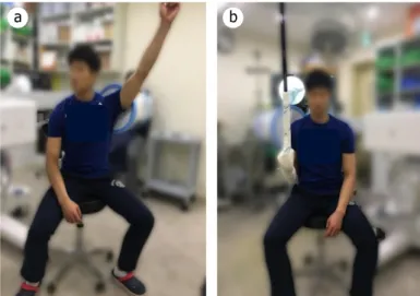Figure 1. (a) The bare hand and (b) the stick hand during shoulder  abduction. 