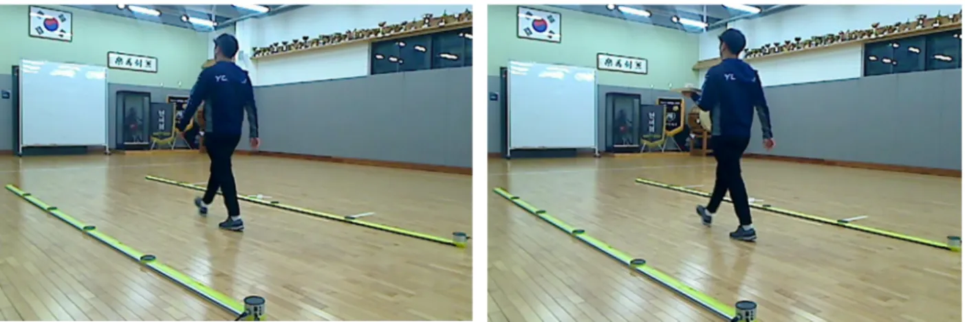 Figure 1 참조). 보행속도를 측정하는 5 m 구간에 걸쳐 Opto-  gait의  송신바(transmitting  bar)와  수신바(receiving  bar)를  평 행하게 배치하였으며, 1개의  바는  1 m이며 약 1 cm 간격으 로  바닥에서 3 mm 위에 위치한 96개의 발광  다이오드(light-emitting)를 포함하고 있다(Lienhard, Schneider &amp; Maffiuletti,  2013)
