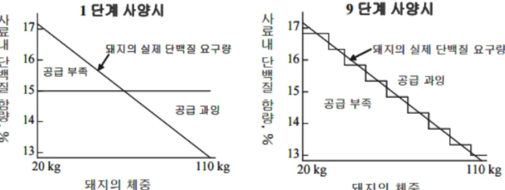 [그림  4-18]  육성·비육돈에  대한  단계별  사양방법의  비교 관리항목 관리  목표  및  방법 단계별  급이,  사양표준  준수  사료효율  극대화  분뇨  배설량  및  악취물질  발생  최소화 사양표준에  준한  단계별  급여  이유자돈~비육돈  구간  집중관리  사료교체로  인한  스트레스  최소화  방안  마련 비육돈  사료급여  비중  비육돈  구성  비율에  맞는  비육돈  사료  구매 소화율  최대화  40%  이상 