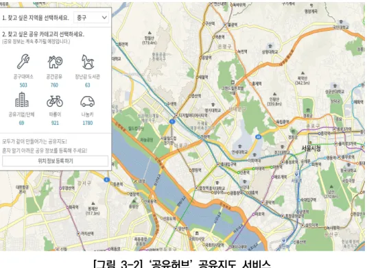 [그림  3-2]  ‘공유허브’  공유지도  서비스   자료:  서울시  공유허브  홈페이지(http://sharehub.kr). 마지막으로  공유가이드에서는  공유에  익숙하지  않은  시민들이  보다  친숙하 게  공유개념에  익숙해  질  수  있도록  인포그래픽화  된  자료들을  통해  정보를  제공한다