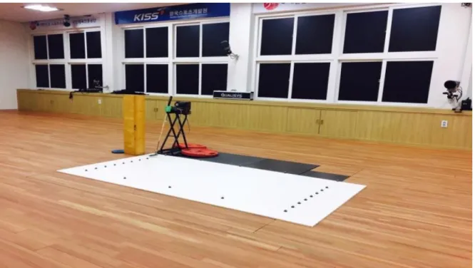 Figure 1. Experimental conditions with a pendulum putting machine and a wooden plate 