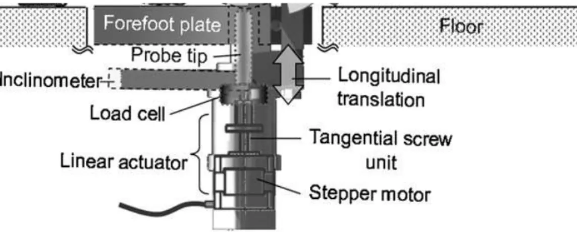 Figure 6. Schematic diagram of the Pad Elasticity Acquisition Instrument (PEAI), showing details of probe tip, accommodation of sub-MTH pad, and inside components of actuator to drive probe tip