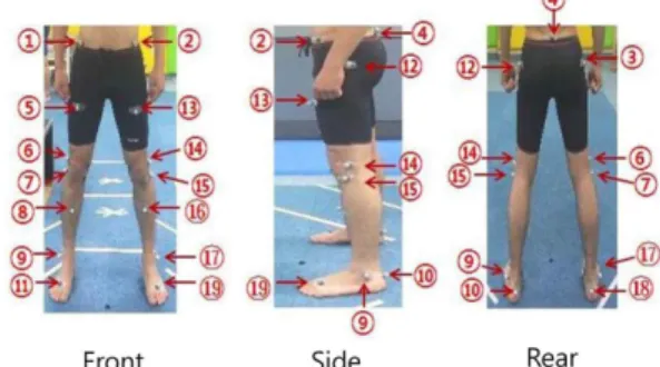 Figure 1. Layout of 19 reflective markers on the lower body Table 1. Description of anatomical locations on 19 reflective