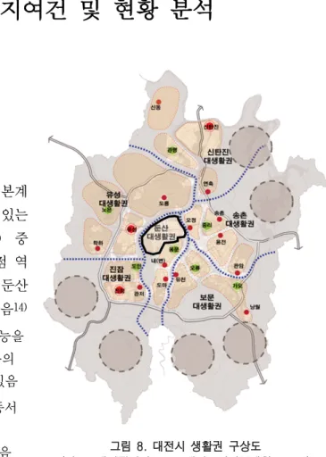 그림  8.  대전시  생활권  구상도 (자료:  대전광역시,  2030대전도시기본계획,  2012)제3장 입지여건 및 현황 분석제1절 대상지 개요1. 대상지 위치□ 도시공간구조상 위치{ 대상지는『2030대전도시기본계획(2012)』에서  제시하고  있는 중심지체계  상  2핵(도심)  중 하나로 대전시의 주요 거점 역할을 담당하고 있으며, ‘둔산대생활권’에 위치하고 있음14)- 대전시의 대표적인 도심기능을 유지하고 있으며, 행정업무의 중심지 역할을 담당하
