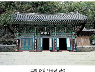 그림 대웅전 전경[2-3] 대부분 대웅전 사찰의 중앙 터에 세워지는 데 비해 고산사는 절터의-(大雄殿), 중앙에 극락보전 건물이 있고 그 좌측으로 약간 비껴서서 대웅전이 있고 뒤,, 편의 산쪽으로 산신각이 서 있는 등 다소 특이한 배치를 보임 그림 고산사 전경[2-4] 눈쌓인 겨울 고산사는 각별한 감흥을 불러일으키며 대전의 대표산 식장산, (食藏 )山 소나무 사이를 불어오는 시원한 바람이 너른 마당을 거쳐 대웅전 지붕 앞에서