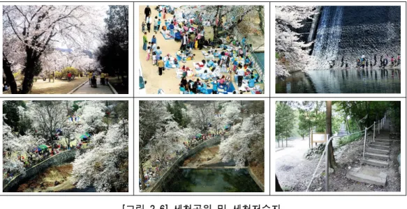 그림 세천공원 및 세천저수지[2-6] 세천체육공원□ 세천체육공원은 동구 세천동 산 5-1 번지에 위치 공원내부에는 궁도시설과 테, 니스 시설이 마련되어있음 그림 세천체육공원 시설[2-7]