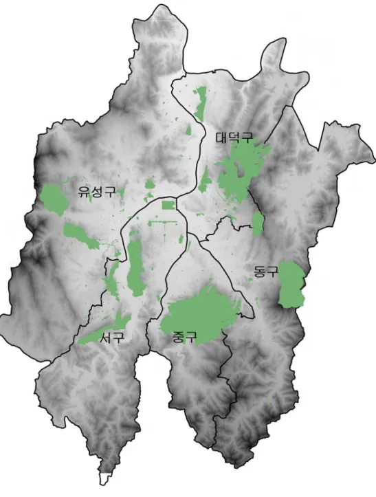 [그림 4-3] 대전시 도시공원 현황도 2009년 12월 31일 현재