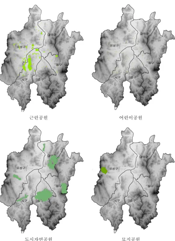 [그림 4-4] 대전시 도시공원의 공원별 현황도 2009년 12월 31일 현재