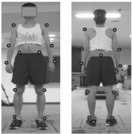 Figure 1. Marker set (anterior &amp; posterior) 4. 자료 분석 피험자의 보행구간은 대략 5 m이며, 이 중 분석구간은 보행 구간 중간지점에서 오른발의 지면접지시점(heel strike, HS)부터 다음 오른발 지면 접지시점까지의 보행 한 주기(1 stride)만을 사 용하였다