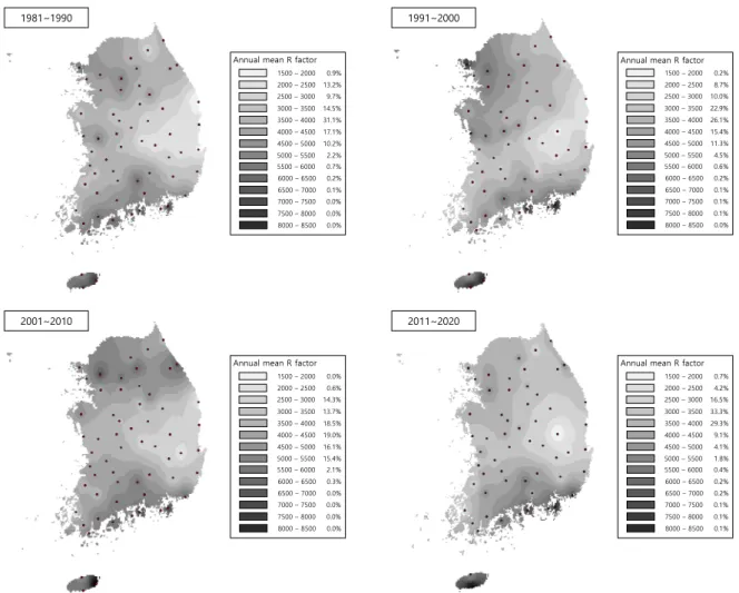 Fig. 1. GIS maps for the average annual R factor for each decade since 1981.