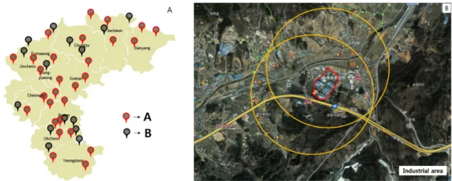 Fig. 1. Sample spot and example of site selection (A: non-industrial complex, B: industrial complex).