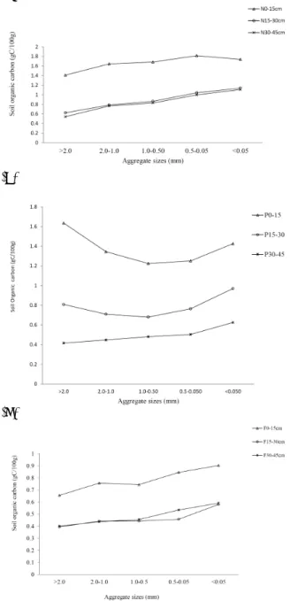 Fig. 2. (A) Organic carbon of aggregate sizes in the soil depths of Natural  Forest, (B) organic carbon of aggregate sizes in soil depths of Plantation  Forest, (C) organic carbon of aggregate sizes in the soil depths of Farm Land.