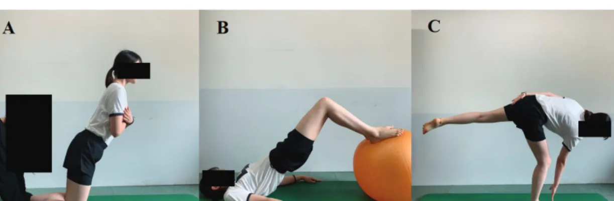 Fig. 1. Hamstring strengthening exercises. A) Nordic exercise, B) Bridge exercise, C) One leg dead-lift.