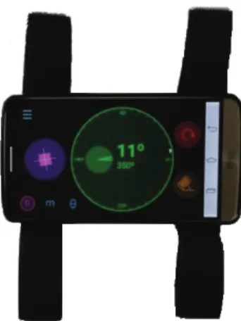 Fig. 3. Goniometer Pro (5fuf5, USA) in smartphone  (LG G3 cat.6 ® ). 3. 실험 철차  대상자들은 무릎관절 폄 범위 측정에 앞서 준비운 동을 하였으며 ,  무릎관절 폄 범위 측정 후 실험자가  대상자들에게 수축 -이완 기법 적용하였으며, 적용 후  무릎관절 폄 범위를 재측정하는 순서로 실험을 진행 하였으며, 직접기법군과 간접기법군에 각각 직접 수 축-이완 기법과 간접 수축-이완 기법을 적용하였다