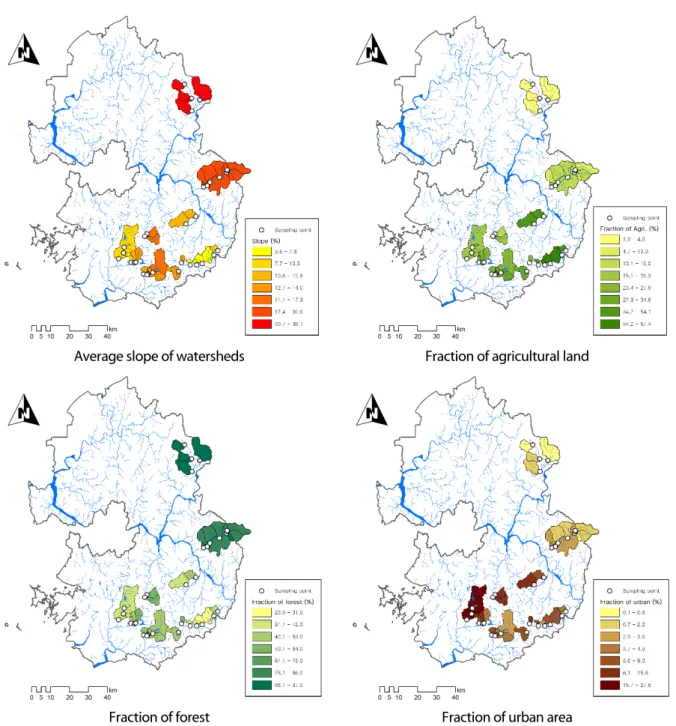 Fig. 1. Topography and land use characteristics of the upstream watershed at the water sampling site