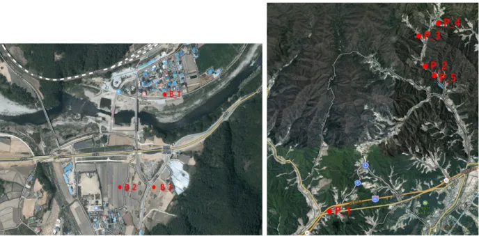 Fig. 1. Sampling location (a) Bong-Ha, (b) Pyeong-chang region. 시료채취 및 전처리 토양과 작물체 내 잔류 항생제를 모니터링 하기 위해 경북 봉화 지역 (3지점)과 강원도 평창 지역 (5지점)의 가축 농장 인근 농경지에서 토양과 작물체를 채취하였다 (Fig
