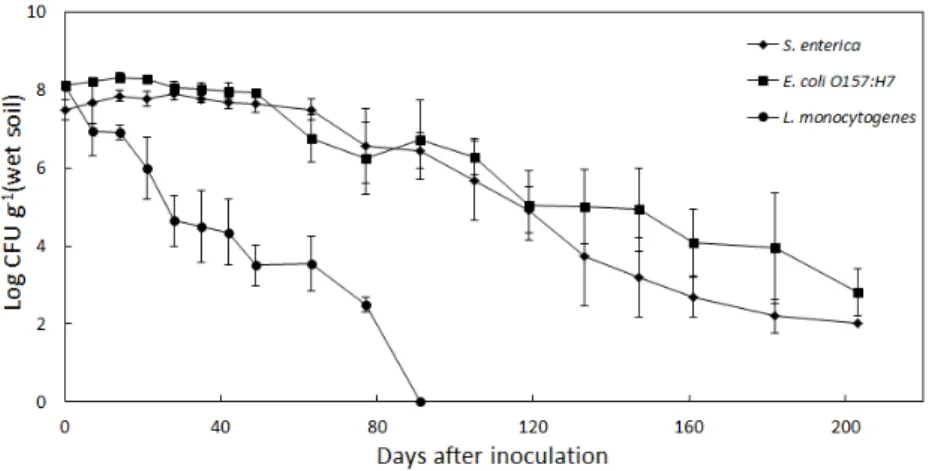 Fig. 1.  Survival of S. enterica, E. coli O157:H7, and L. monocytogenes in soil at 25°C (n = 9, error bars = SD).