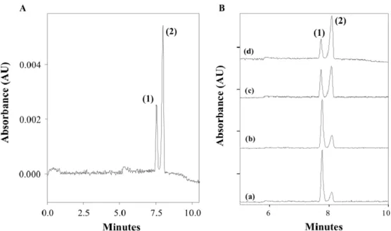 Fig. 3. CE detection of Ti-TAR-H 2 O 2  and Ti(III)-TAR complexes. A. (a) Ti-TAR complex (100 µM), (b) Ti(III)-TAR-H 2 O 2  complex  generated by adding 100 µM of H 2 O 2 