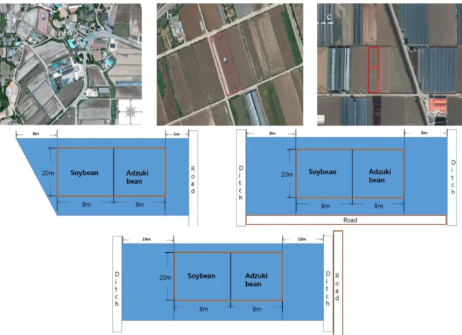 Fig. 1. Satellite images (top) and experiment plot diagram (bottom) from three paddy fields; a