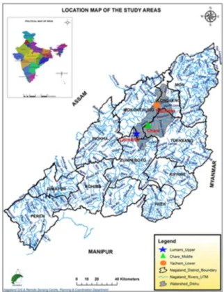 Fig. 1. Location map of the study areas showing the upper, middle and low- low-er zones of Dikhu rivlow-er in Nagaland, India.
