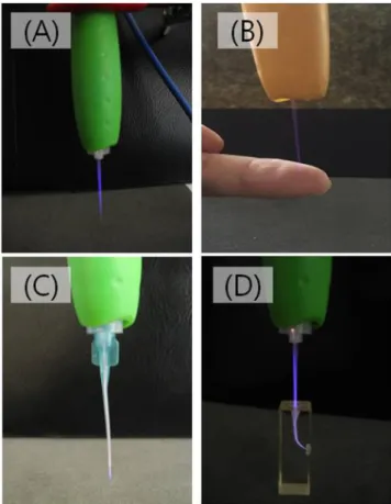 Fig. 1. Photographs of plasma device. (A) Plasma jet without  tip. (B) The forefinger is in contacting with plasma jet that is  harmless to tissue