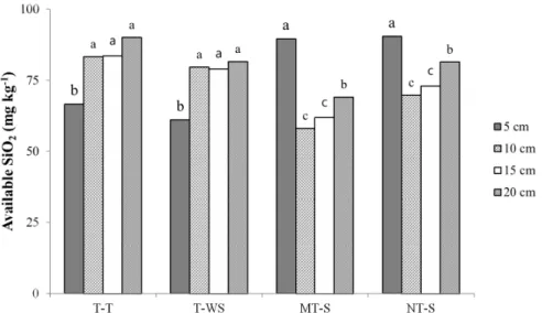 Fig. 6. Available SiO 2  contents at different soil depths affected by tillage and cultivation methods (Means with the  different letters in same treatment are significantly different at  p < 0.05 (LSD)