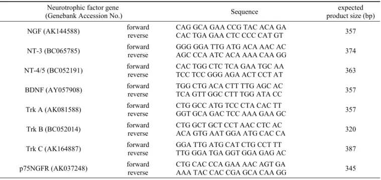 Table 1. Primers and expected sizes for detecting the mRNA expression of neurotrophic factors and their receptors in the taste buds  by RT-PCR
