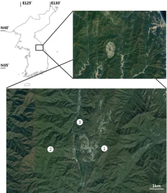 Fig. 1. Locations of the three study sites on Hyangrobong, Korea.