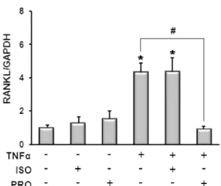 Fig. 4. Propranolol blocks TNFα stimulation of RANKL expres- expres-sion. C2C12 cells were cultured in osteogenic medium  supple-mented with the indicated reagents for 48 hr and real time PCR was performed