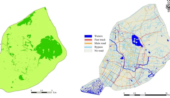 Fig. 2. Distribution map of park green space. Fig. 3. Distribution map of road network and waters.