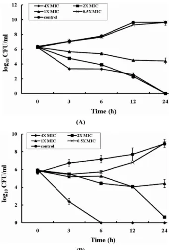 Fig. 1. Time kill curves of ursolic acid on (A) S. mutans ATCC 25175 T  and (B) S. sobrinus ATCC 33478 T  at different ursolic acid concentrations.