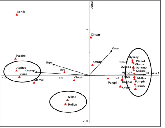 Fig. 4. Canonical correspondence  analysis ordination diagrams in two  dimensional attribute spaces of the  26 most dominant tree  regenera-tions of seedlings/saplings and six  physical variables in Ben En  National Park, Vietnam