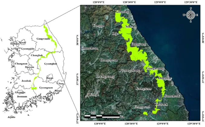 Fig. 1. Study area. 한 과제로 대두되었다(Lee 1999; Kim 2013).  산림청은 이러한 국제적 변화에 대응하기 위하여 산림생태계의 생물다양성 보호를 위하여 ‘07년 국가산림생물다양성 기본계획’을 수립하였으며,  기후변화에 따른 생물다양성 보전대책을 추진하고 있다
