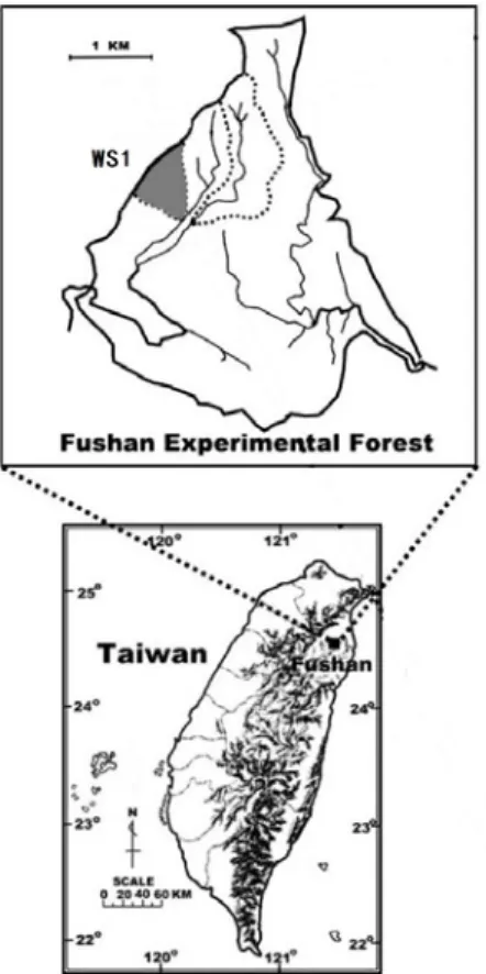 Fig. 1. Map showing the location of the Fushan Experimental Forest and  the study watershed (WS1).