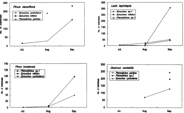 Fig  3.  Seasonal  changes  of Carabid  beetles  densities  in  each  stands. 