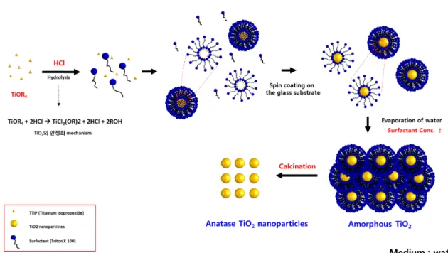 Figure 7. Schematic presentation for formation of self-assembled nanostructure of TiO 2  nanoparticles and Triton X-100 and  nanostructure of TiO 2  after calcination.