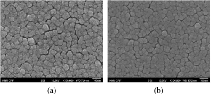 Figure 9. FE-SEM images of TiO 2  thin film prepared using  (a) CCAP (NARO-co-MMA) and (b) CCAP 260 after  calci-nation, respectively.