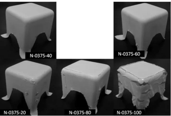 Figure 10. Photographs of various polyester resin systems  for the square pillar deep drawing test; 50 × 50 × 50 (W 
