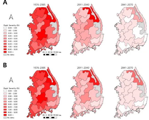 Fig. 3. Maps of the potential epidemics of rice leaf blast for the historical period (1976–