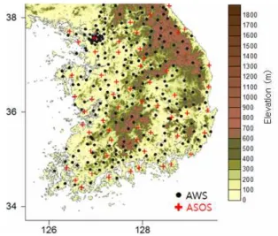 Fig.  1.  Topography  and  locations  of  60  ASOS  (red  cross)  and  243  AWS  (black  dot)  used  for  cali-  bration  and  validation,  respectively.