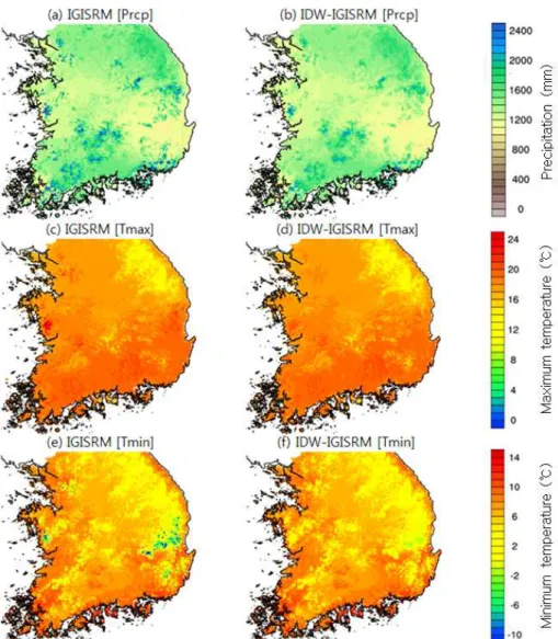 Fig.  5.  Spatial  patterns  of  IGISRM  and  IDW-IGISRM  for  precipitation  (Prcp),  maximum  temperature  (Tmax),  and  minimum  temperature  (Tmin).