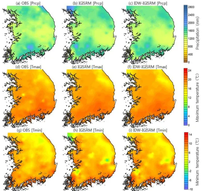 Fig.  6.  Spatial  patterns  of  climate  variables  based  on  243  AWS  stations  for  the  validation  period  from  2001  to  2010