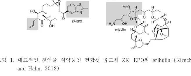 그림  1.  대표적인  천연물  의약품인  전합성  유도체  ZK-EPO와 eribulin  (Kirschning  and  Hahn,  2012)