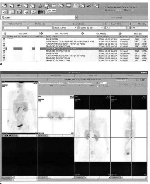 Fig. 4. (a)는 기존 PACS 뷰어에서PET검사를