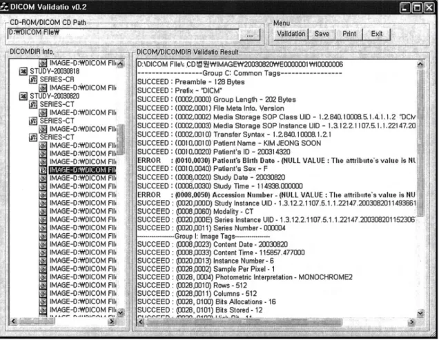 Fig. 5. Screen illustrating the validation results of the CT DICOM CD data using the DICOM validation toolkit.