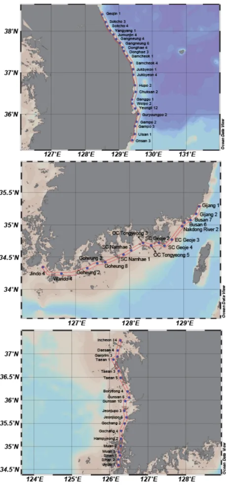 Fig. 2. A station map showing the vertical distribution of temperature and salinity in the coastal area of Korea.