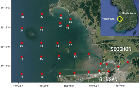 Fig. 1. Sampling stations in the Geum River estuary from 1 st  to 5 th  survey.