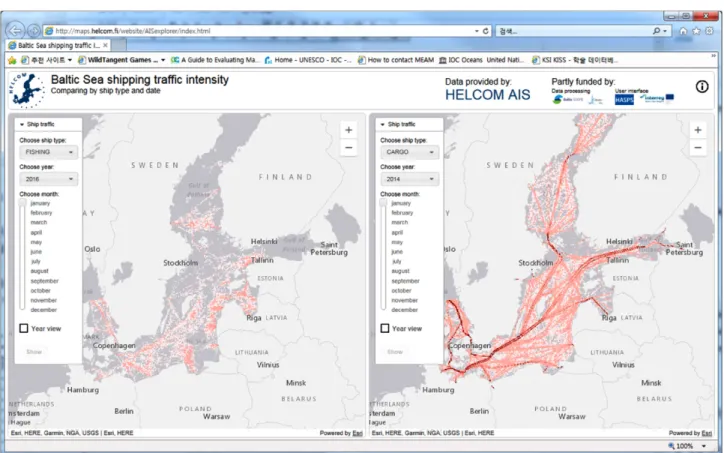 Fig. 3. Baltic sea shipping traffic intensity online tool. Data: HELCOM, Baltic Sea shipping traffic intensity, http://maps.helcom.fi/website/